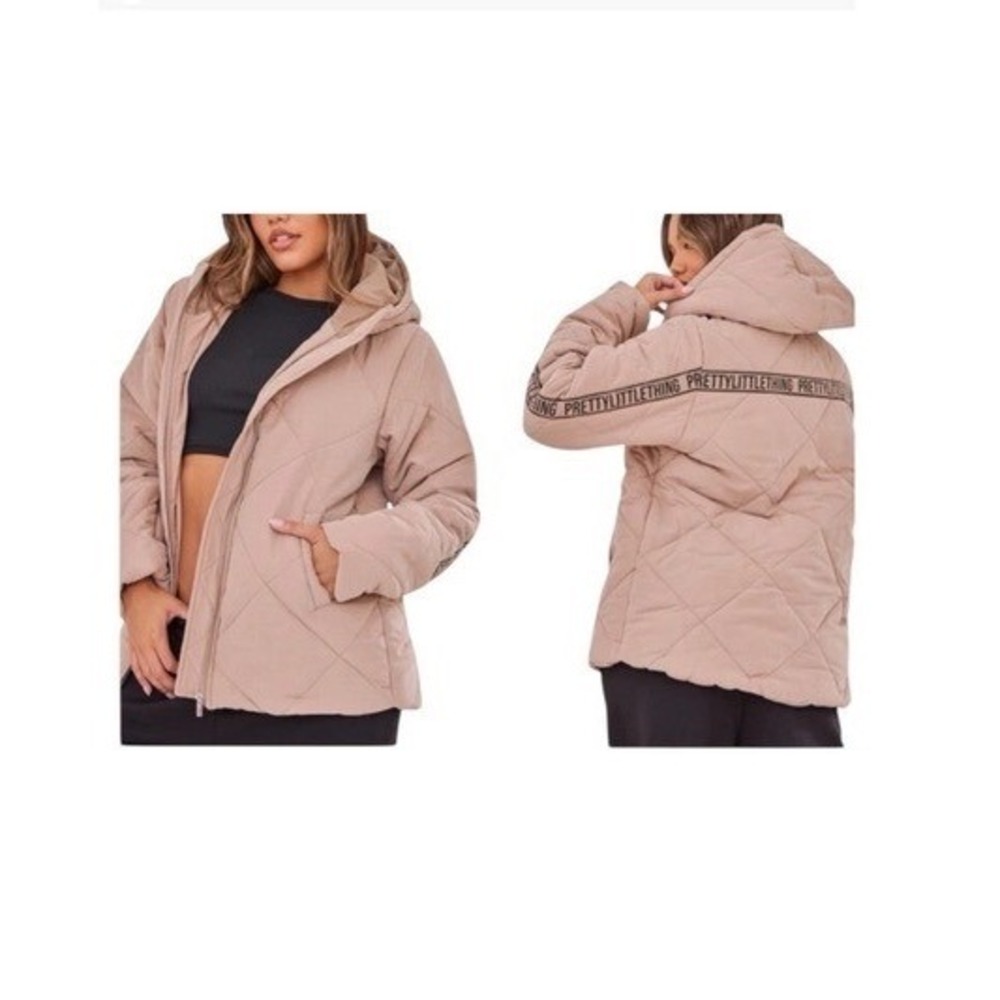 PrettyLittleThing Stone Peach Skin Diamond Quilted Puffer Jacket NWT Oversized 2